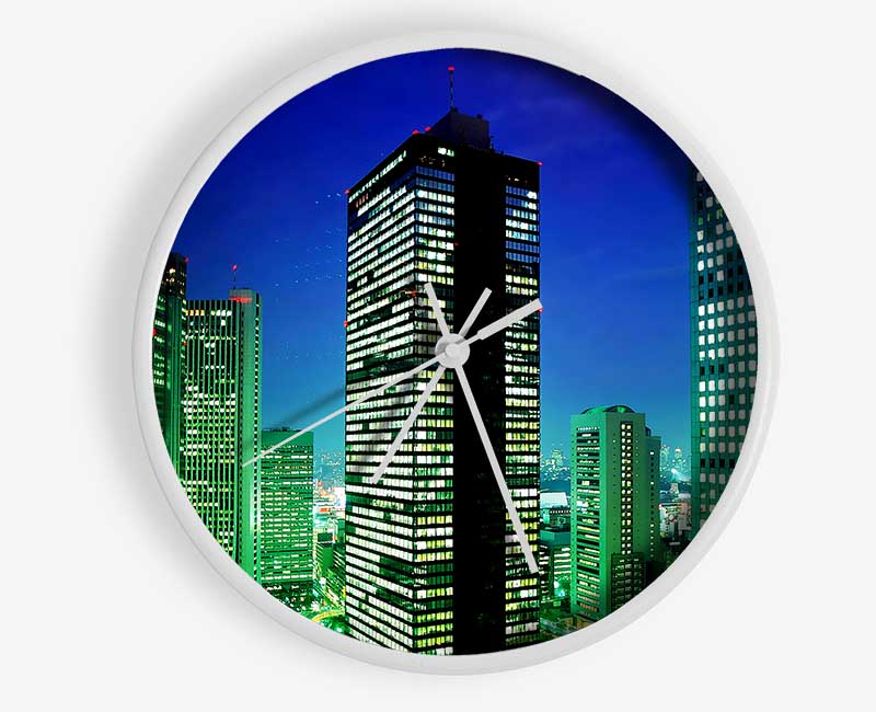 Skyscrapers Green Hue Clock - Wallart-Direct UK