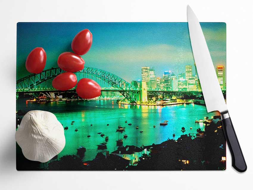 Sydney Harbour Bridge Green Glow Glass Chopping Board