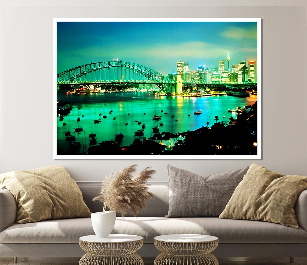 Sydney Harbour Bridge Green Glow Print Poster Wall Art