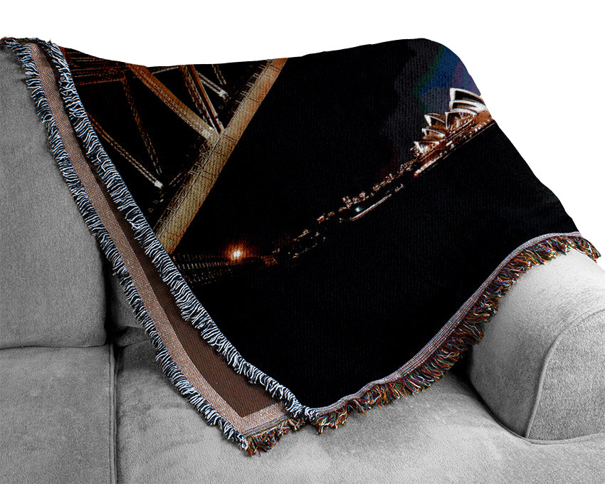 Sydney Harbour Bridge Night Light Reflections Woven Blanket