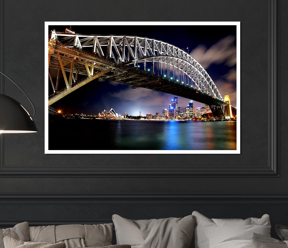 Sydney Harbour Bridge Night Light Reflections Print Poster Wall Art