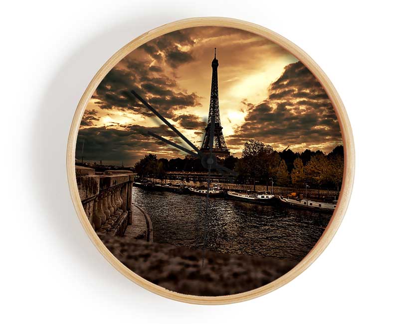 Eiffel Tower Sepia Clouds Clock - Wallart-Direct UK