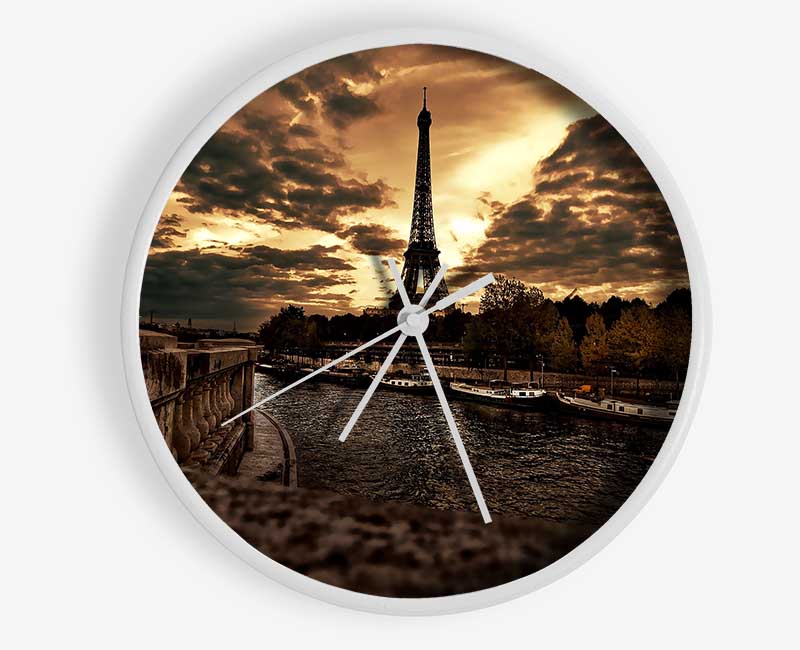 Eiffel Tower Sepia Clouds Clock - Wallart-Direct UK