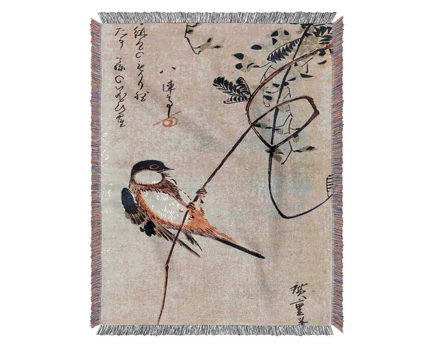 Hiroshige A Bird On A Wisteria Woven Blanket