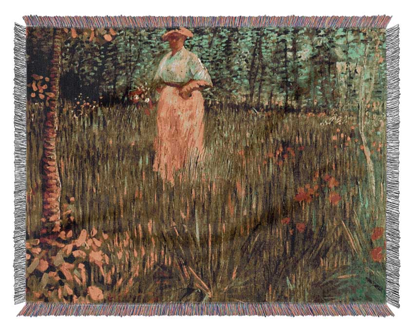 Van Gogh A Woman Walking In A Garden Woven Blanket