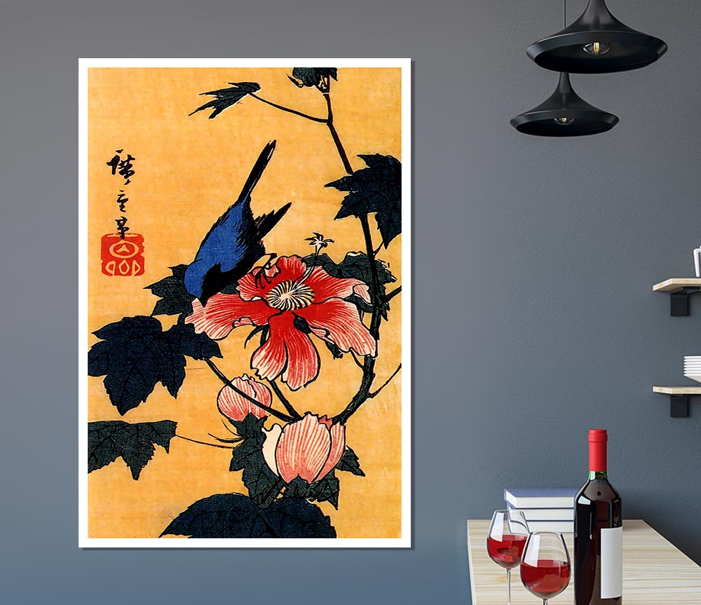 Hiroshige Bird On A Hibiscus Flower Print Poster Wall Art