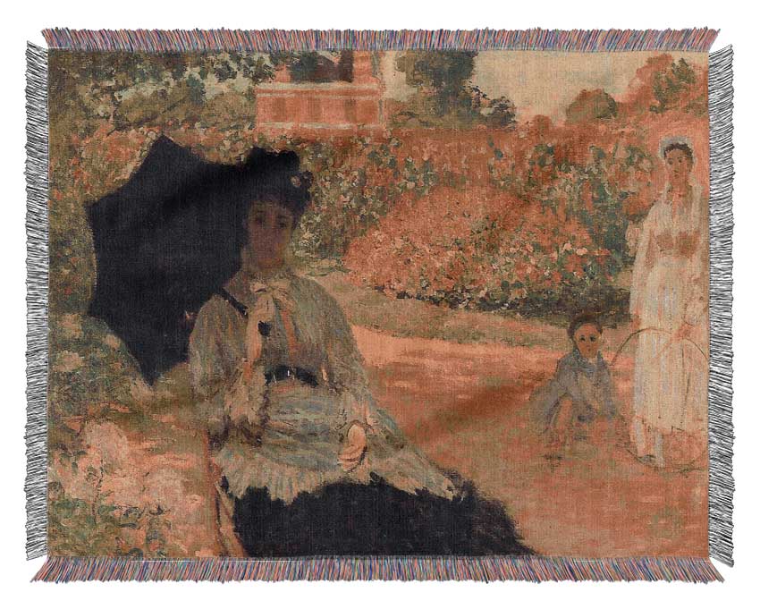 Monet Camille In The Garden With Jean And His Nanny Woven Blanket