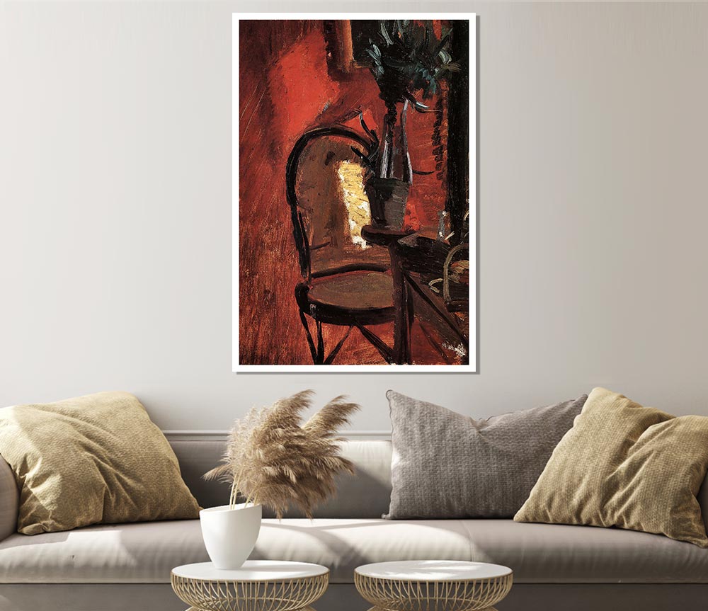 Anna Ancher Chair With A Plant In Front Of Red Wall Print Poster Wall Art