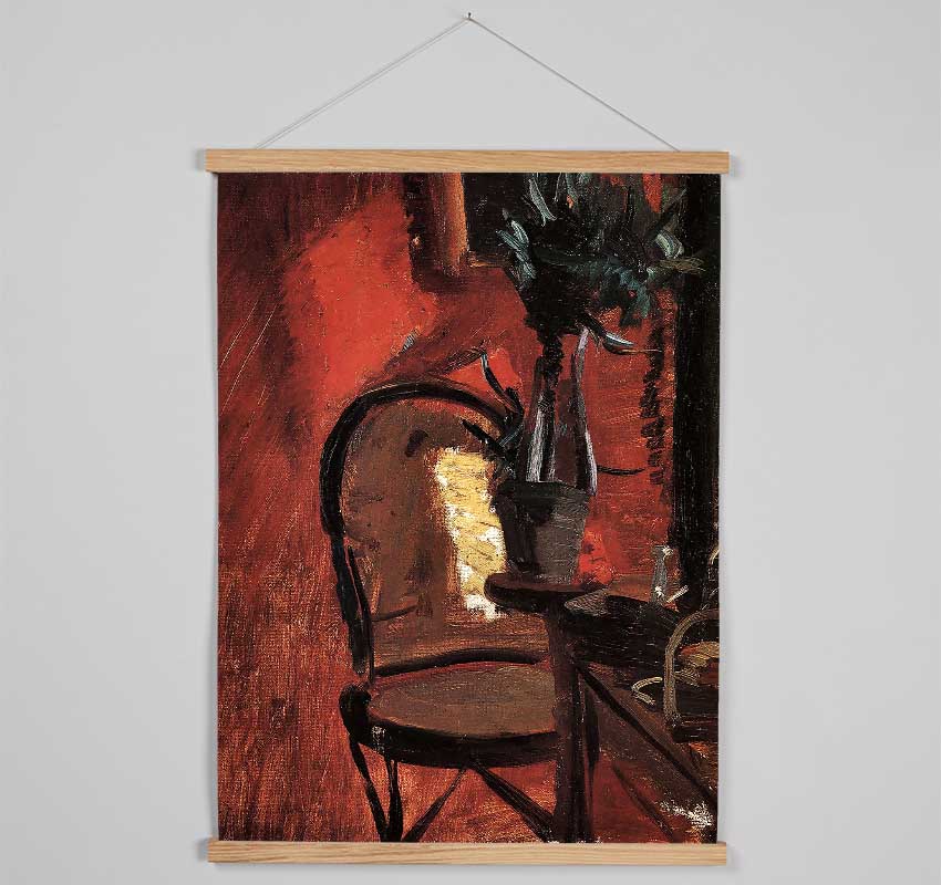 Anna Ancher Chair With A Plant In Front Of Red Wall Hanging Poster - Wallart-Direct UK