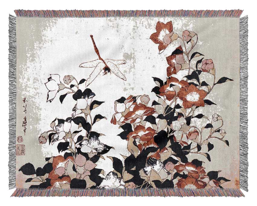 Hokusai Chinese Bell Flower And Dragon-Fly Woven Blanket