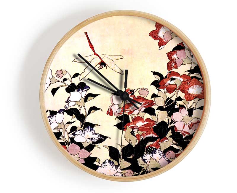 Hokusai Chinese Bell Flower And Dragon-Fly Clock - Wallart-Direct UK