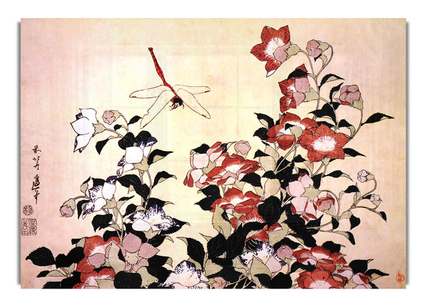 Chinese Bell Flower And Dragon Fly By Hokusai