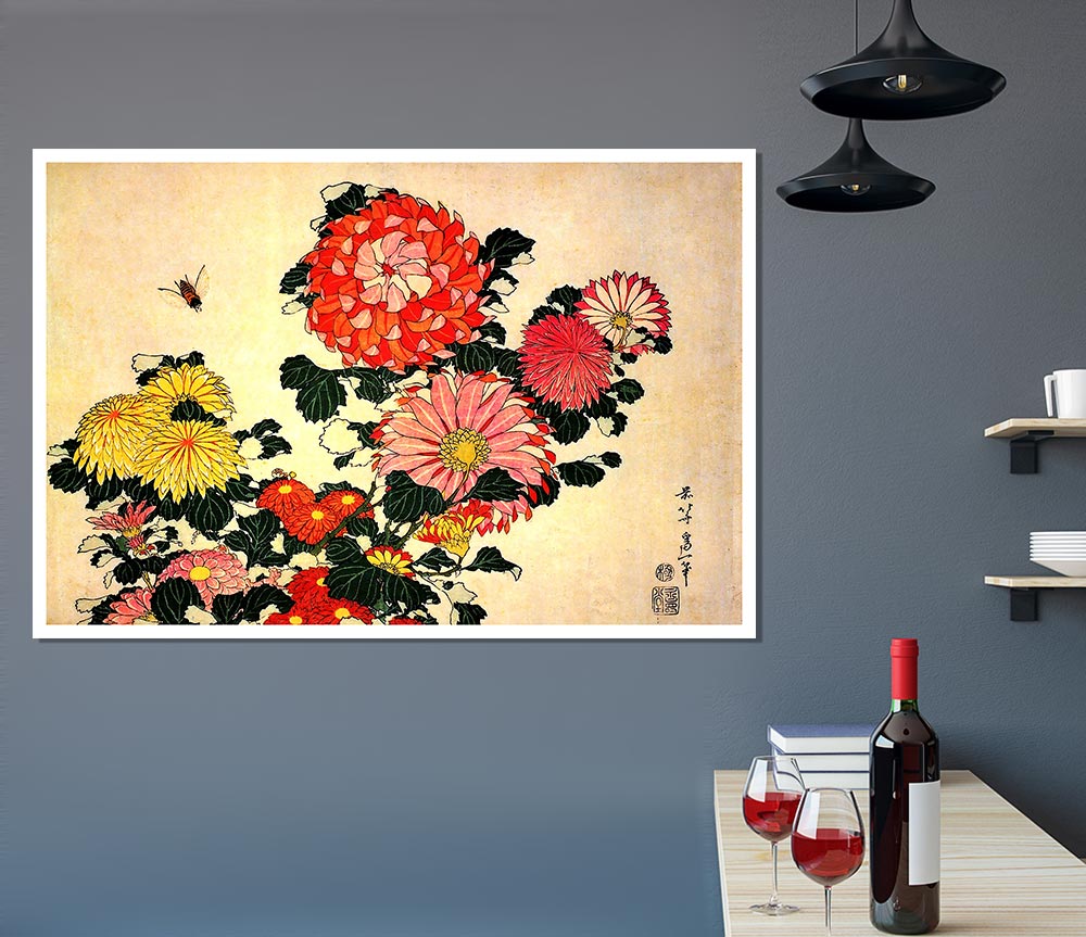 Hokusai Chrysanthemum And Bee Print Poster Wall Art