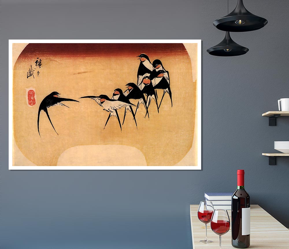 Hiroshige Dancing Swallows Print Poster Wall Art