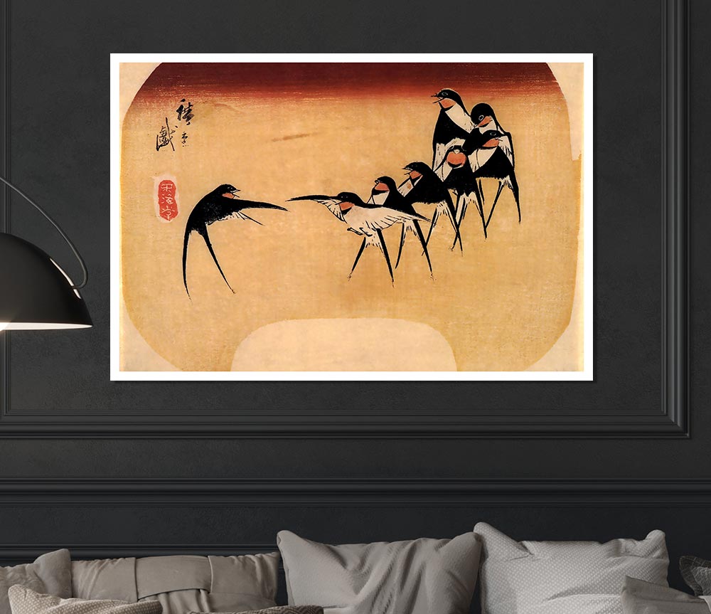 Hiroshige Dancing Swallows Print Poster Wall Art