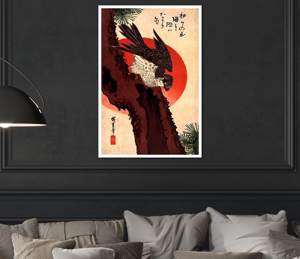 Hiroshige Falcon On A Pine With Rising Sun Print Poster Wall Art