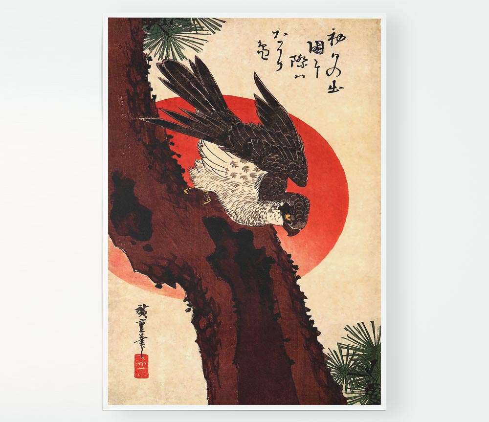 Hiroshige Falcon On A Pine With Rising Sun Print Poster Wall Art