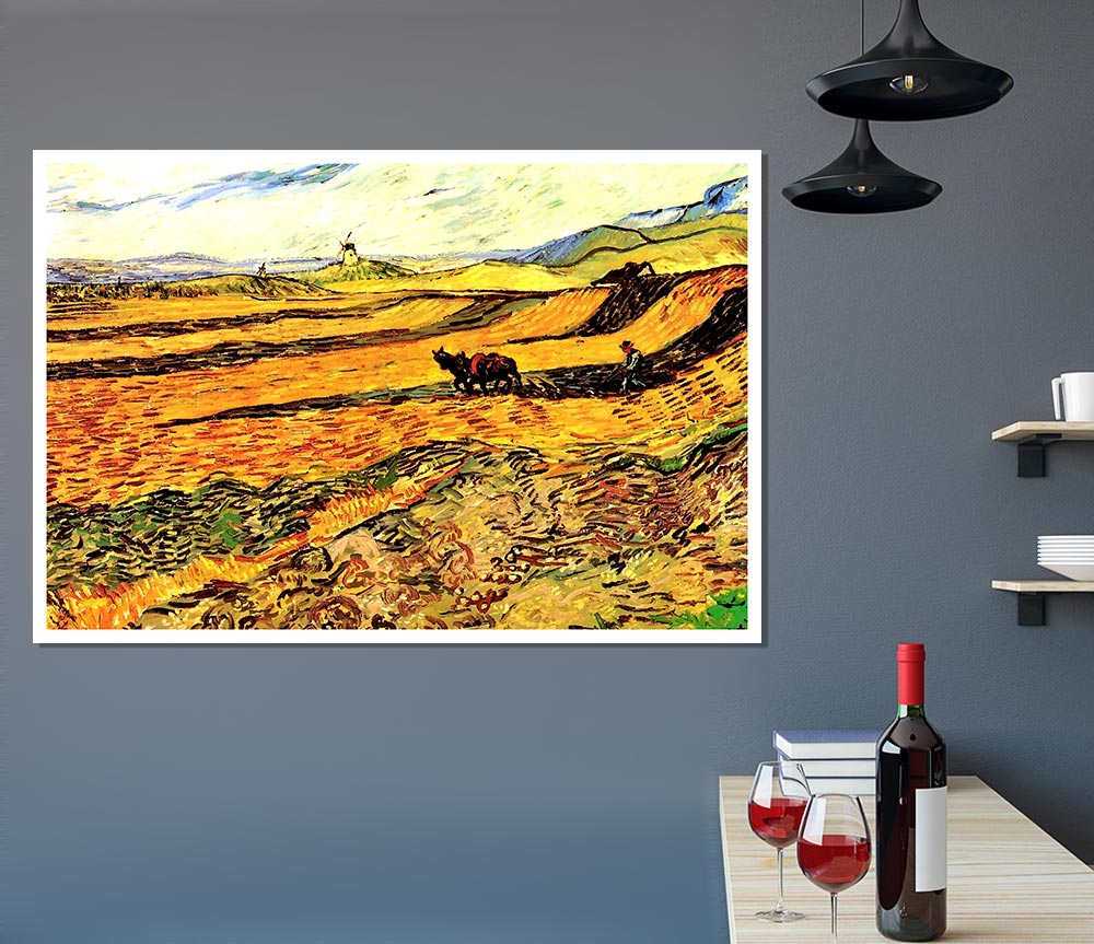 Van Gogh Field With Ploughman And Mill Print Poster Wall Art