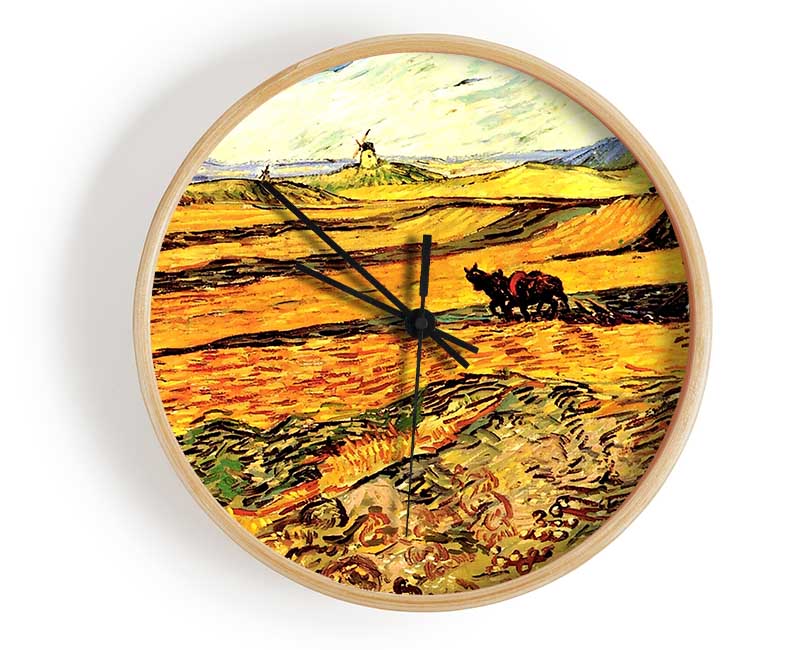 Van Gogh Field With Ploughman And Mill Clock - Wallart-Direct UK