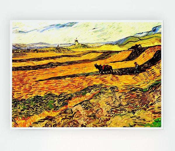 Van Gogh Field With Ploughman And Mill Print Poster Wall Art