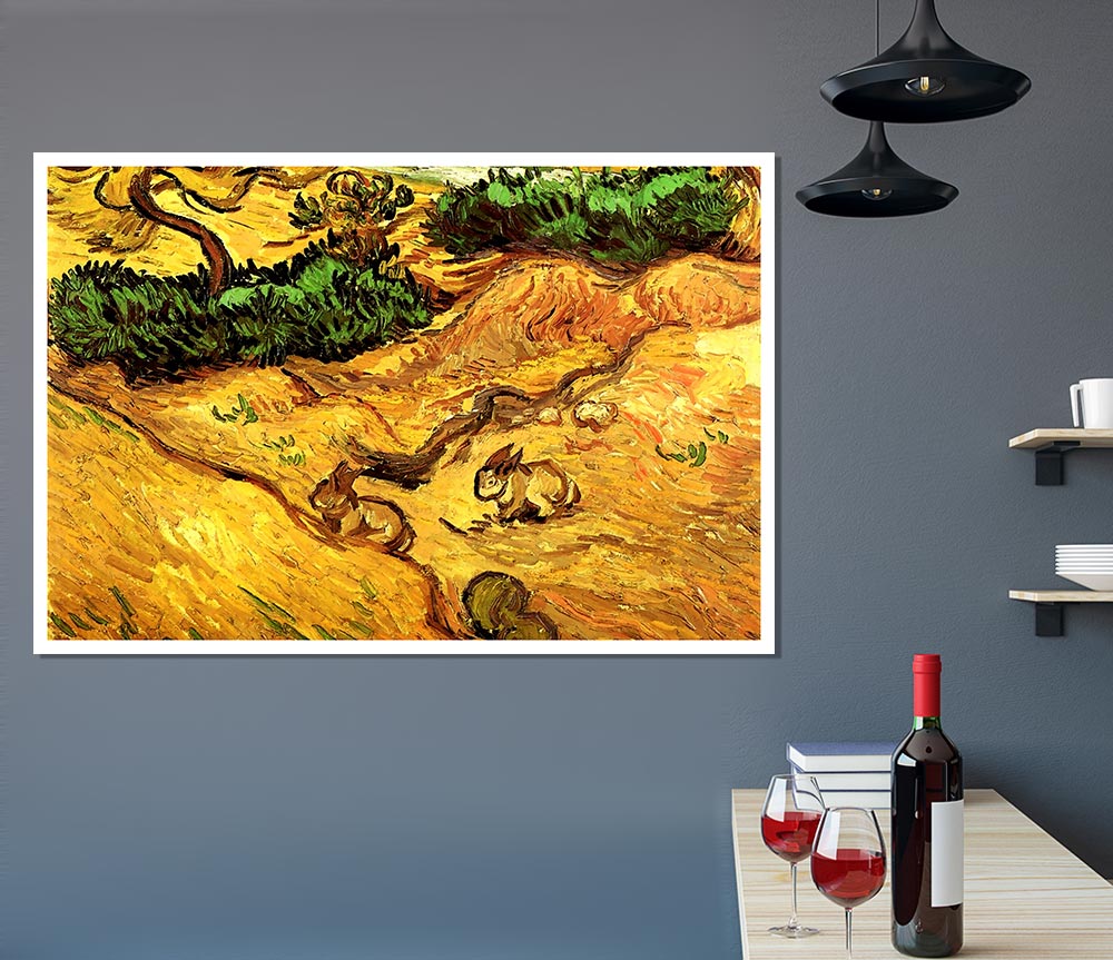 Van Gogh Field With Two Rabbits Print Poster Wall Art