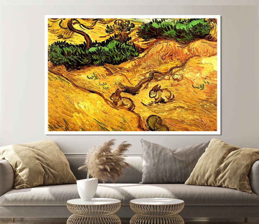 Van Gogh Field With Two Rabbits Print Poster Wall Art