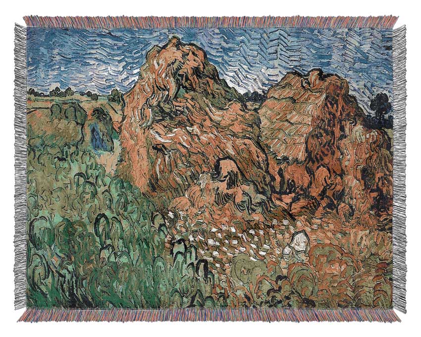 Van Gogh Field With Wheat Stacks Woven Blanket