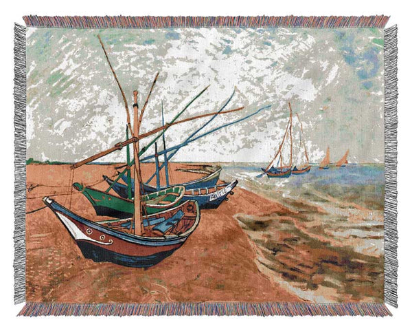 Van Gogh Fishing Boats On The Beach At Saintes-Maries Woven Blanket