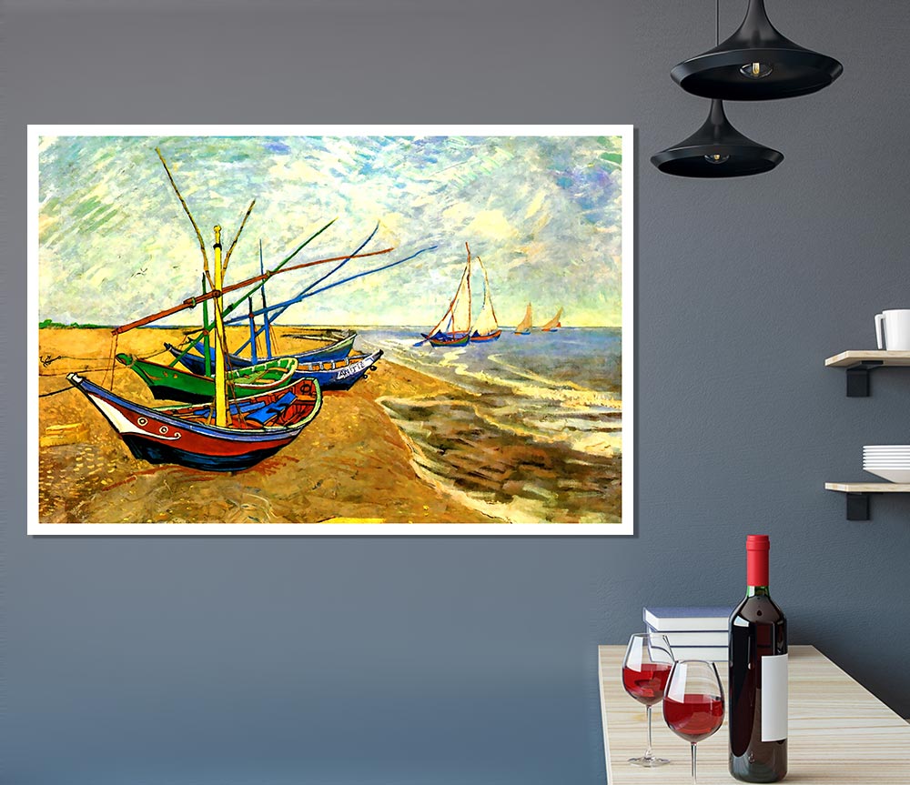 Van Gogh Fishing Boats On The Beach At Saintes Maries Print Poster Wall Art