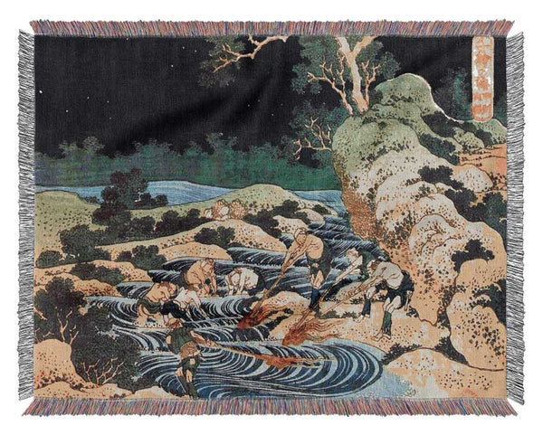 Hokusai Fishing With Torches Woven Blanket