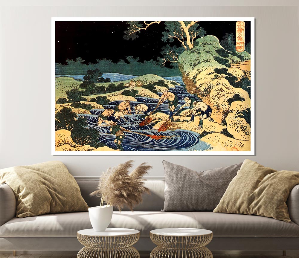 Hokusai Fishing With Torches Print Poster Wall Art