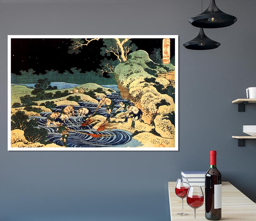 Hokusai Fishing With Torches Print Poster Wall Art