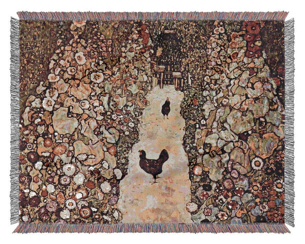 Klimt Garden Path With Chickens Woven Blanket