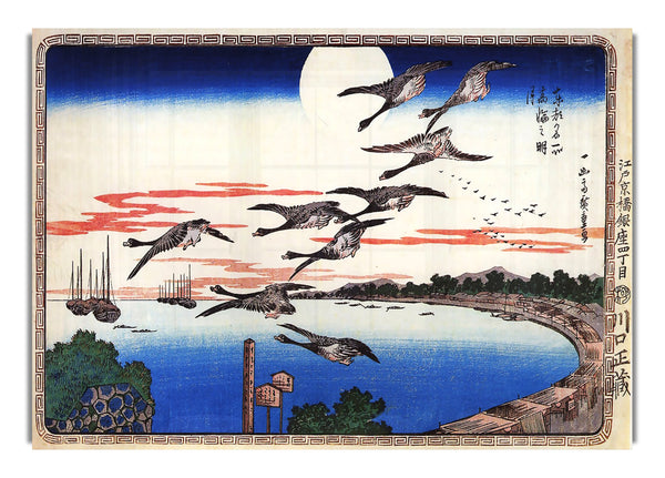 Gänse, die über einer Bucht herabsteigen, von Hiroshige