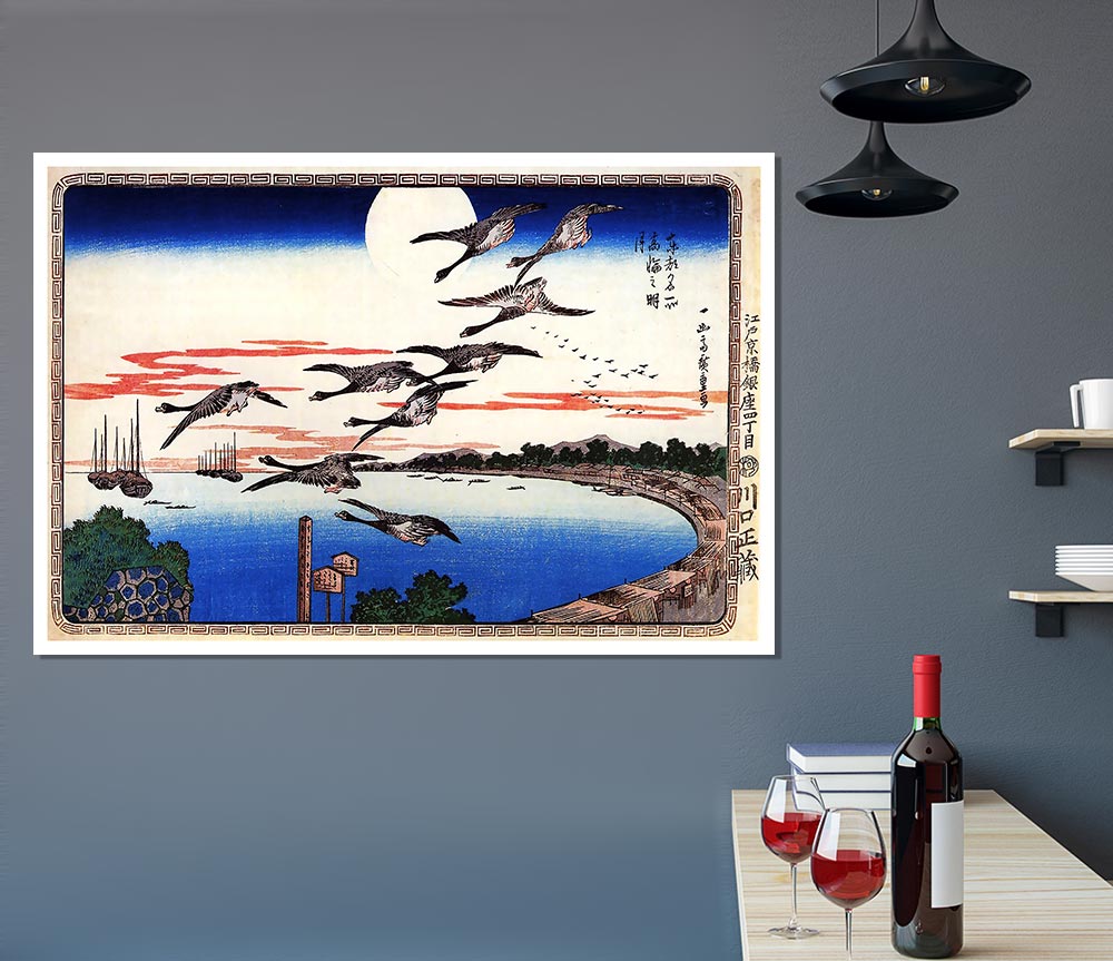 Hiroshige Geese Descending Over A Bay Print Poster Wall Art