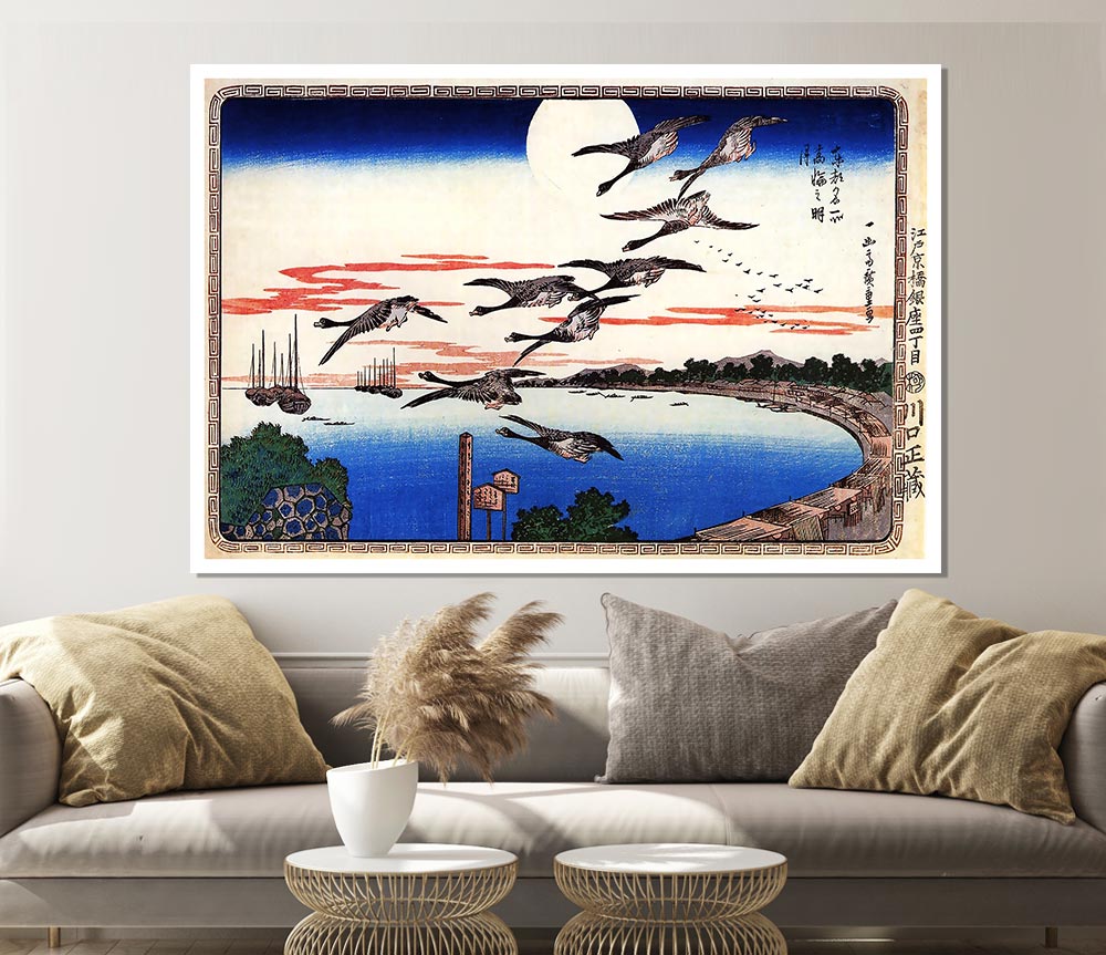 Hiroshige Geese Descending Over A Bay Print Poster Wall Art