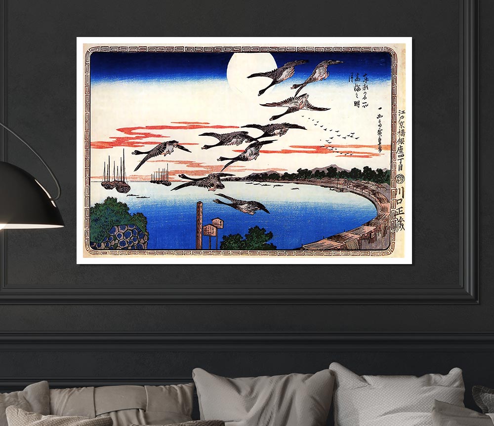 Hiroshige Geese Descending Over A Bay Print Poster Wall Art