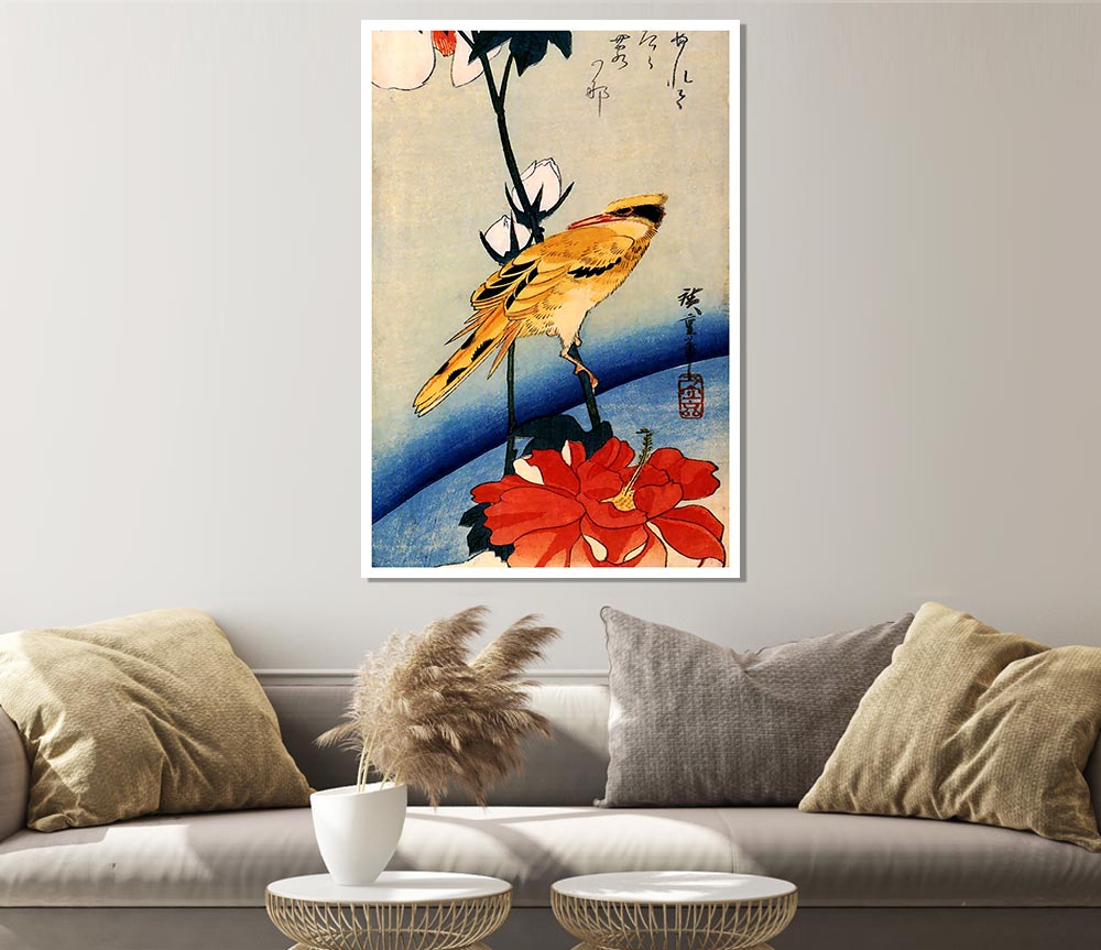 Hiroshige Golden Oriole On A Hibiscus Branch Print Poster Wall Art