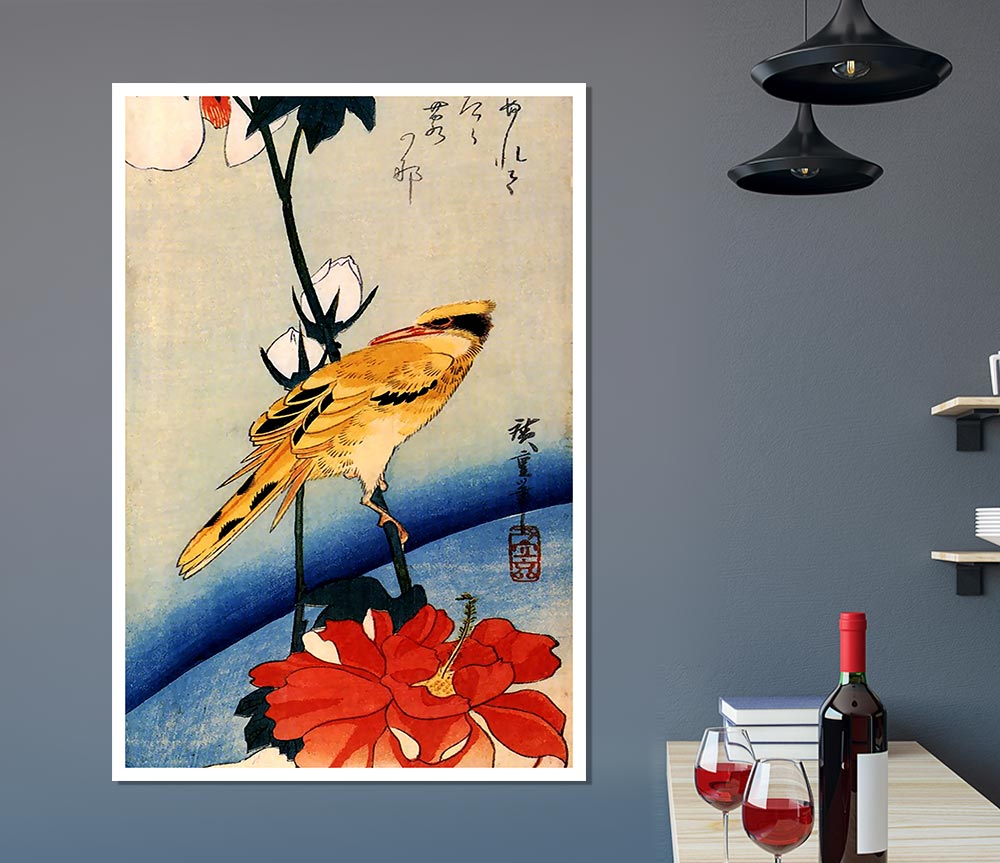 Hiroshige Golden Oriole On A Hibiscus Branch Print Poster Wall Art