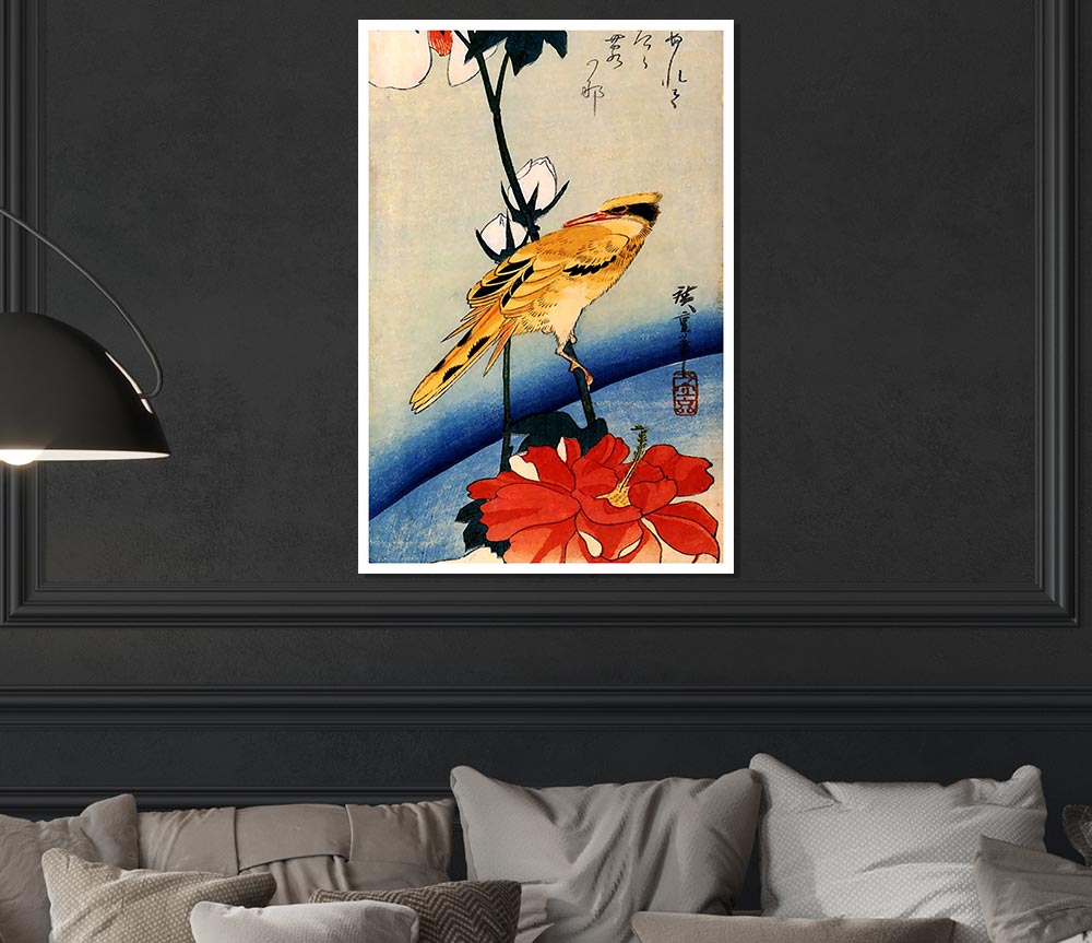 Hiroshige Golden Oriole On A Hibiscus Branch Print Poster Wall Art