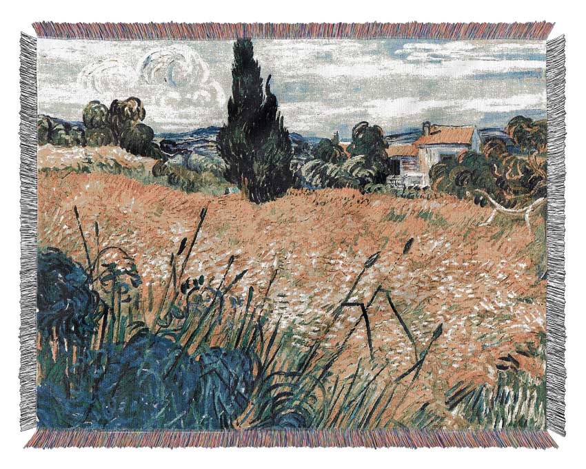 Van Gogh Green Wheat Field With Cypress 2 Woven Blanket