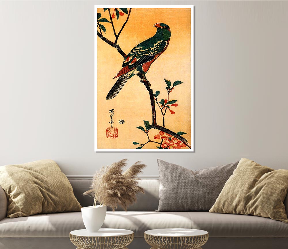 Hiroshige Parrot On A Blooming Branch Print Poster Wall Art