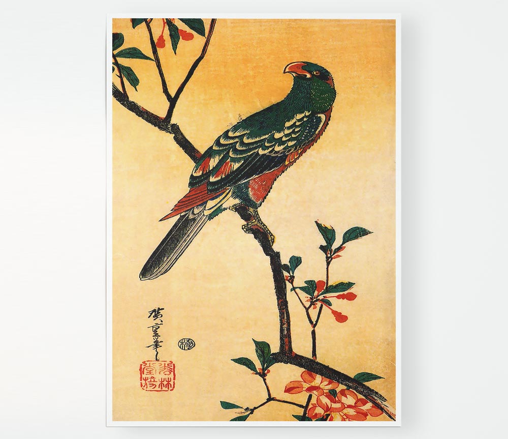 Hiroshige Parrot On A Blooming Branch Print Poster Wall Art