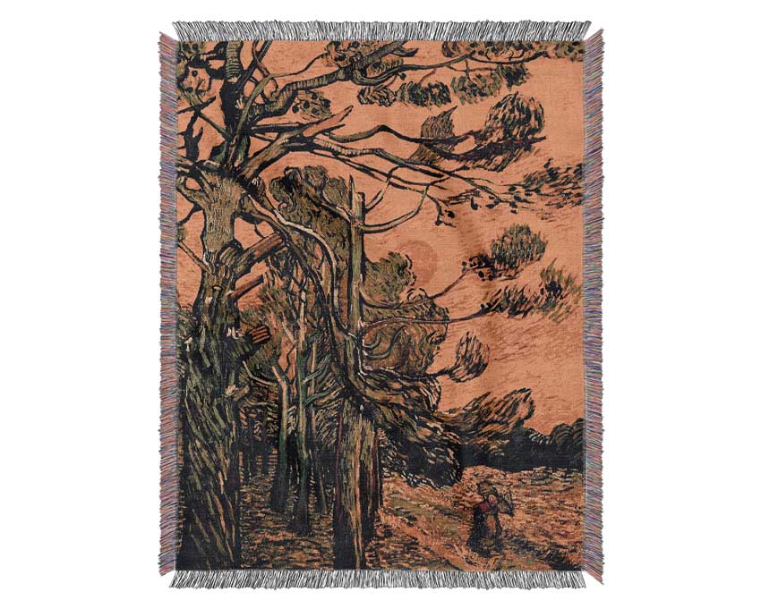 Van Gogh Pine Trees Against A Red Sky With Setting Sun Woven Blanket