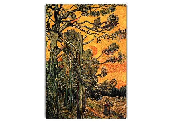 Pine Trees Against A Red Sky With Setting Sun By Van Gogh