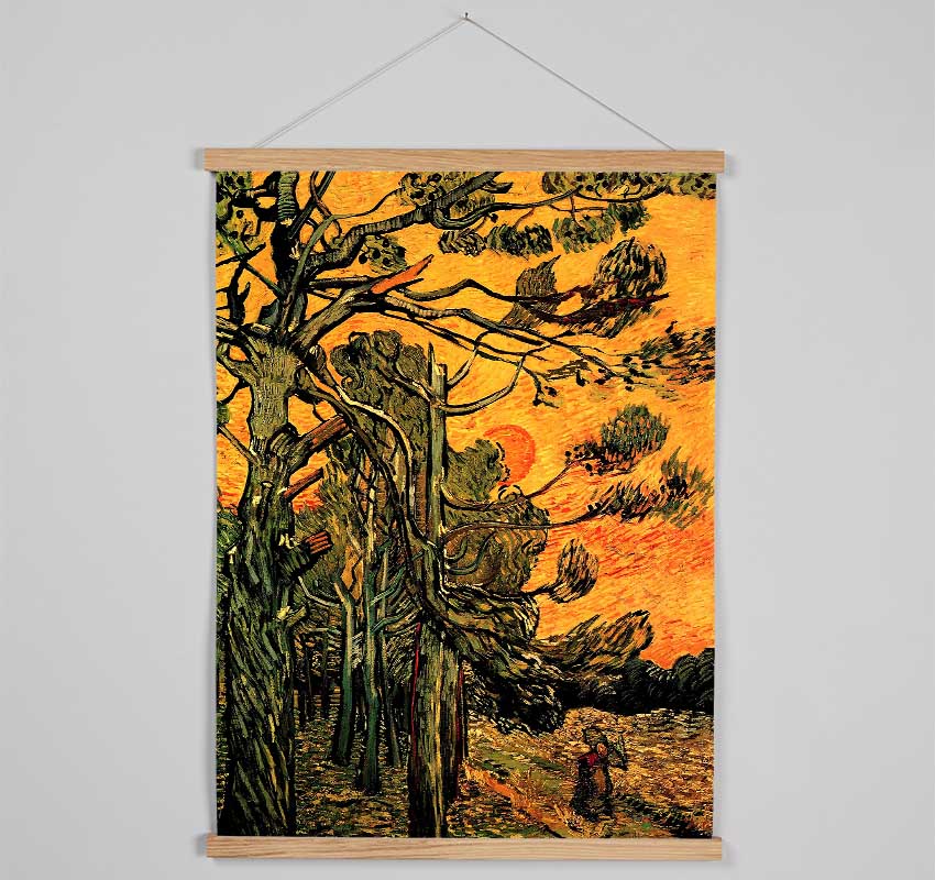 Van Gogh Pine Trees Against A Red Sky With Setting Sun Hanging Poster - Wallart-Direct UK