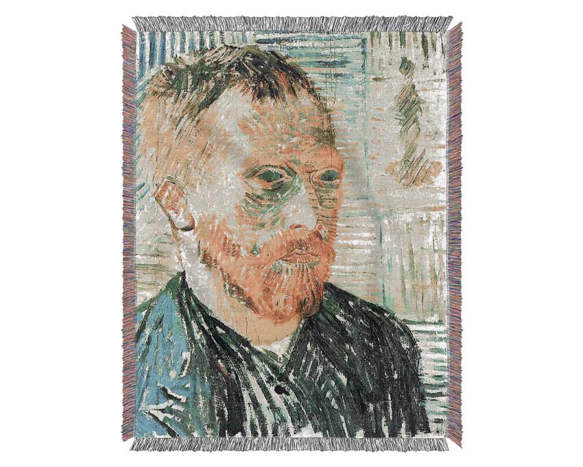 Van Gogh Self Portrait With Background Of Japanese Woodblock Woven Blanket