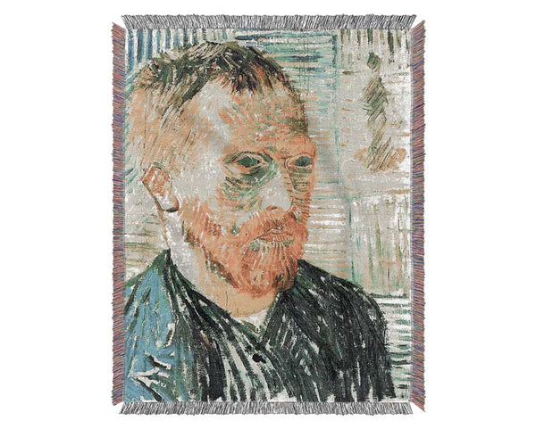 Van Gogh Self Portrait With Background Of Japanese Woodblock Woven Blanket