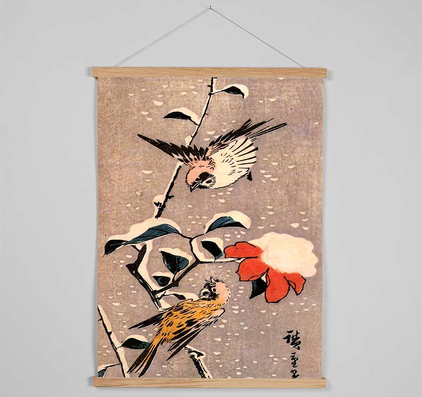 Hiroshige Sparrows And Camelias With Snow Hanging Poster - Wallart-Direct UK