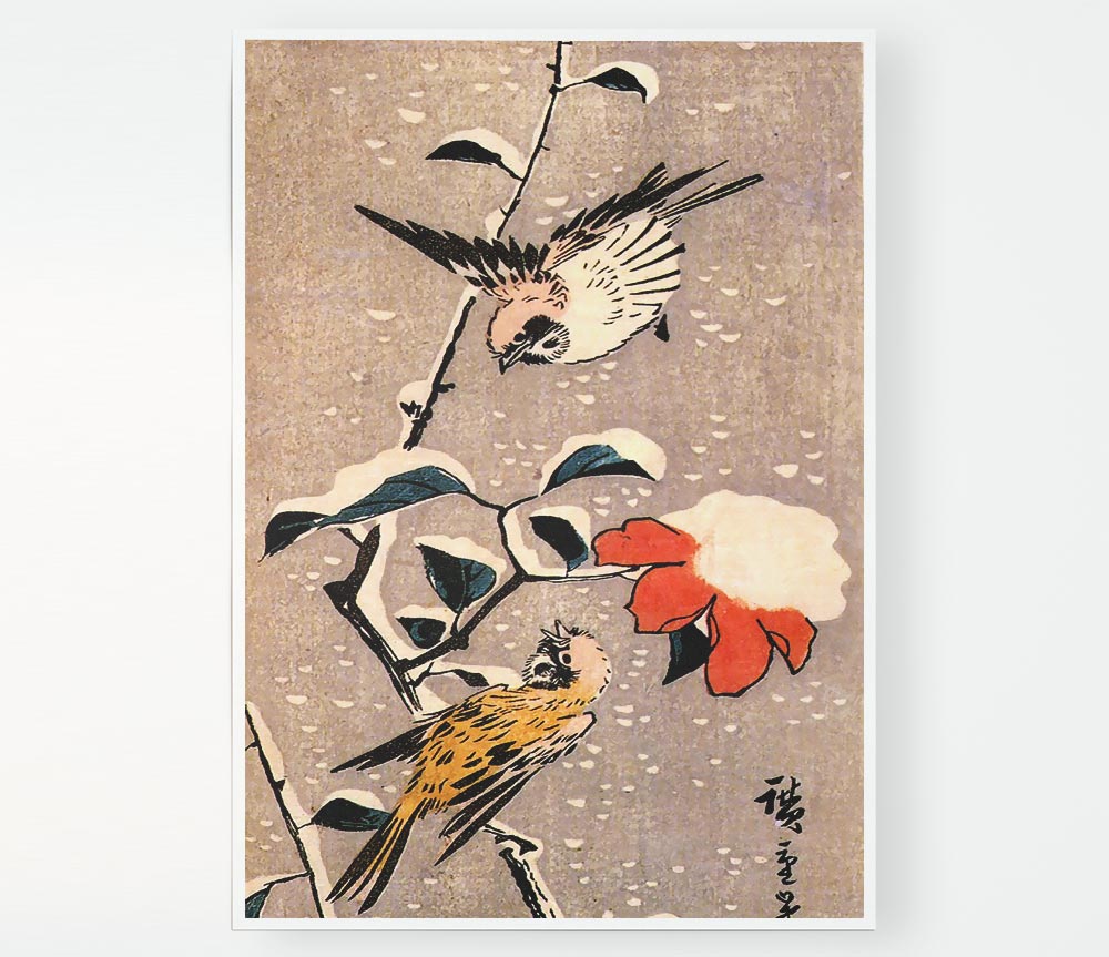 Hiroshige Sparrows And Camelias With Snow Print Poster Wall Art